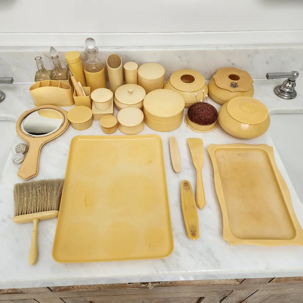 Vtg Antique French Ivore Celluloid Vanity Jewelry Display Boudoir accent 32pc+